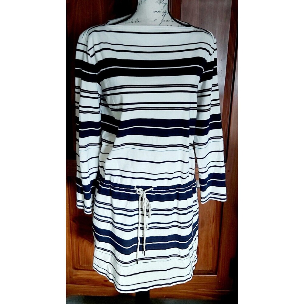 Ralph Lauren White and Navy Striped Long-Sleeve Drawstring Dress